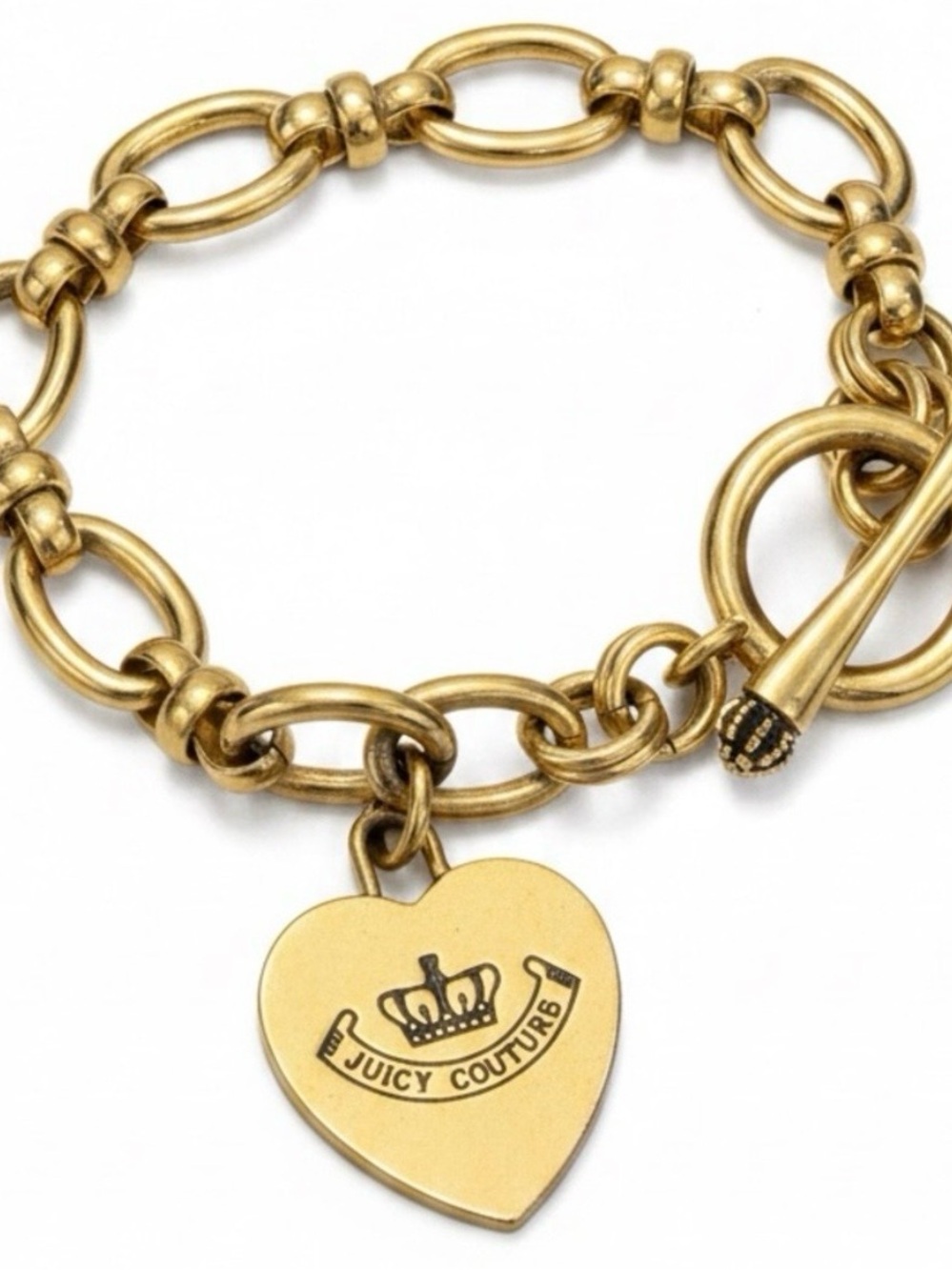 Juicy Couture Gold Heart Charm Toggle Bracelet with Crown Logo